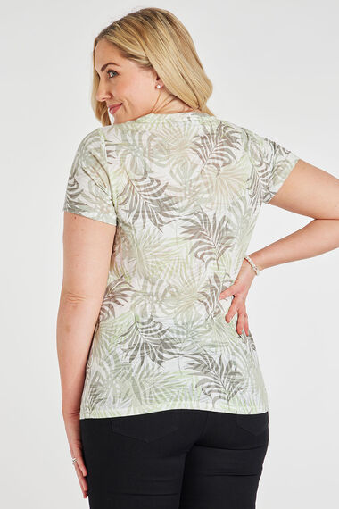 Short Sleeve Leaf Print Burnout T-Shirt with Sequin Detail