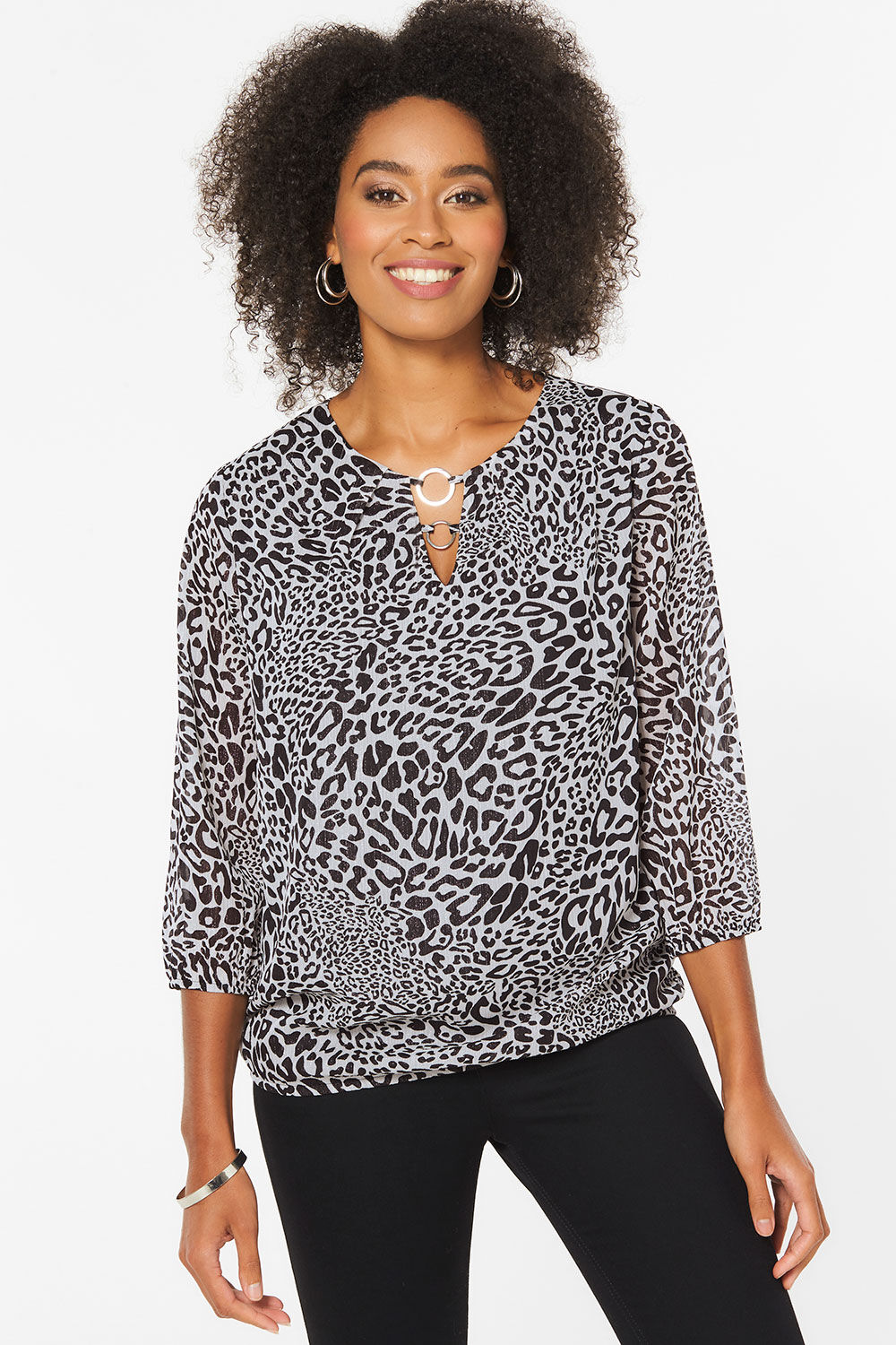 Printed Bubble Hem Top With Neck Trim