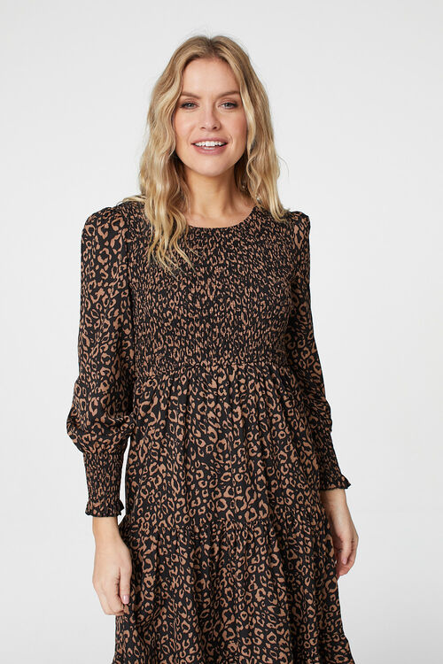 Leopard Print Smocked Midi Dress | Izabel London