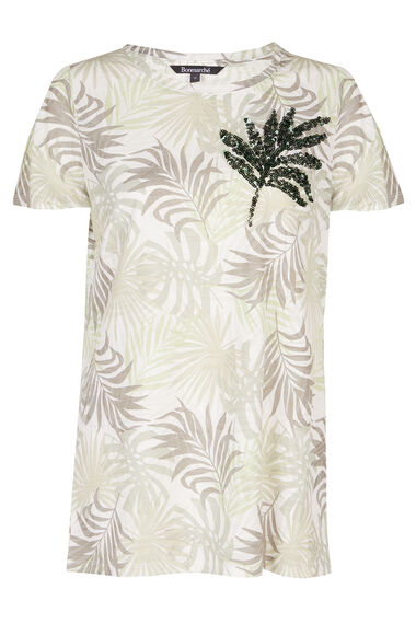 Short Sleeve Leaf Print Burnout T-Shirt with Sequin Detail