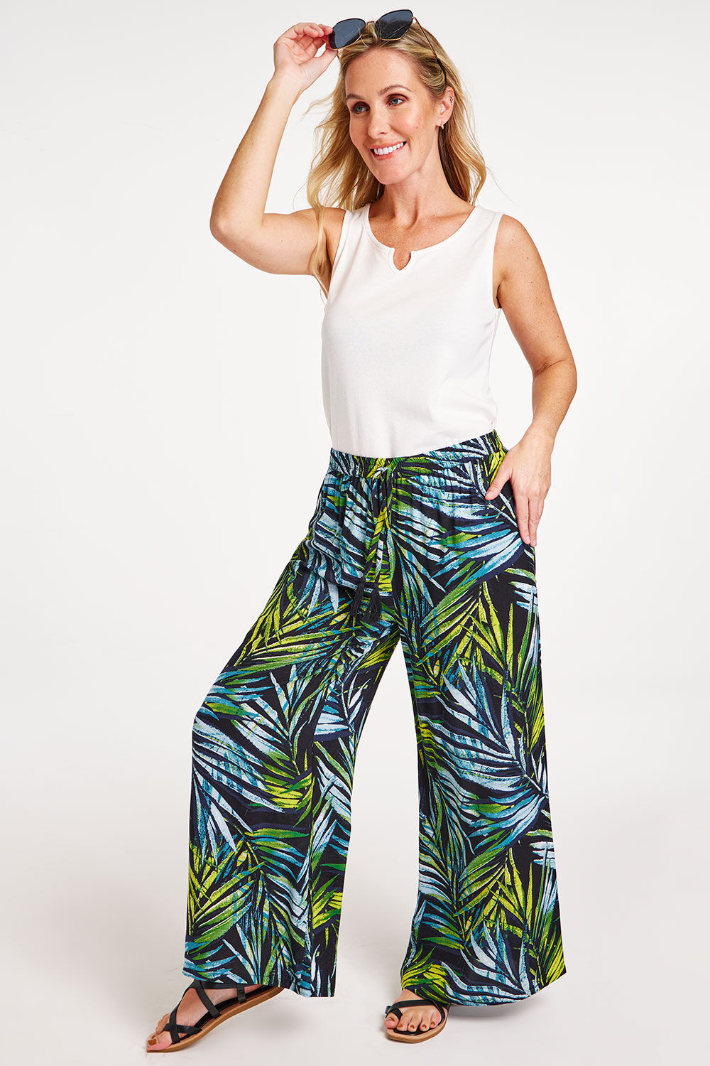 Palm Print Wide Leg Elasticated Trousers | Bonmarché