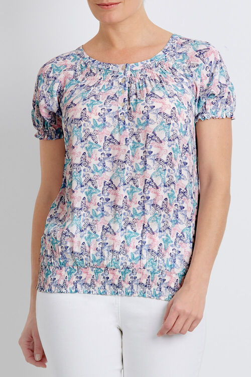 Short Sleeve Butterfly Print Shirred Hem Blouse 