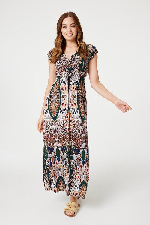 Peacock Print Shirred Maxi Dress Izabel London 6269