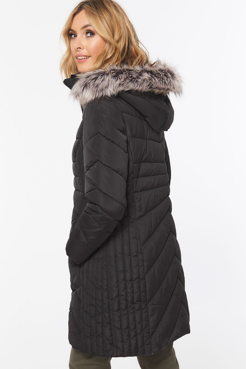 Long Padded Coat With Faux Fur Hood