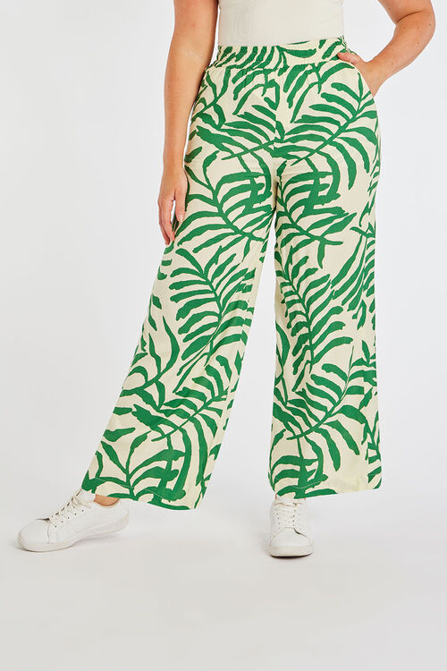Leaf and Palm Print Wide Leg Elasticated Trousers | Bonmarché