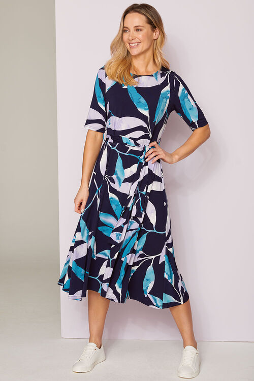 Navy Short Sleeve Watercolour Leaves Belted Dress | Bonmarché
