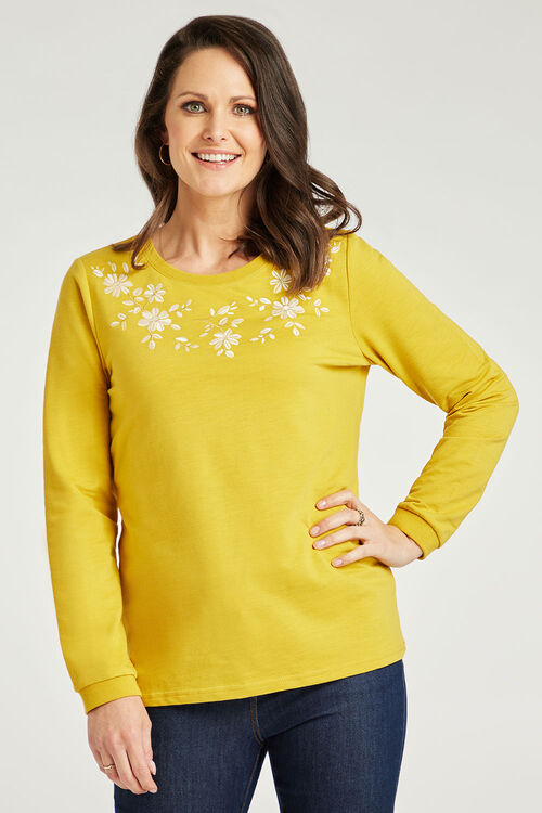 Long Sleeve Embroidered Flower Neckline Top | Bonmarché
