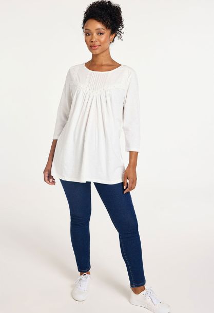 3/4 Sleeve Pintuck Top with Lace Detail