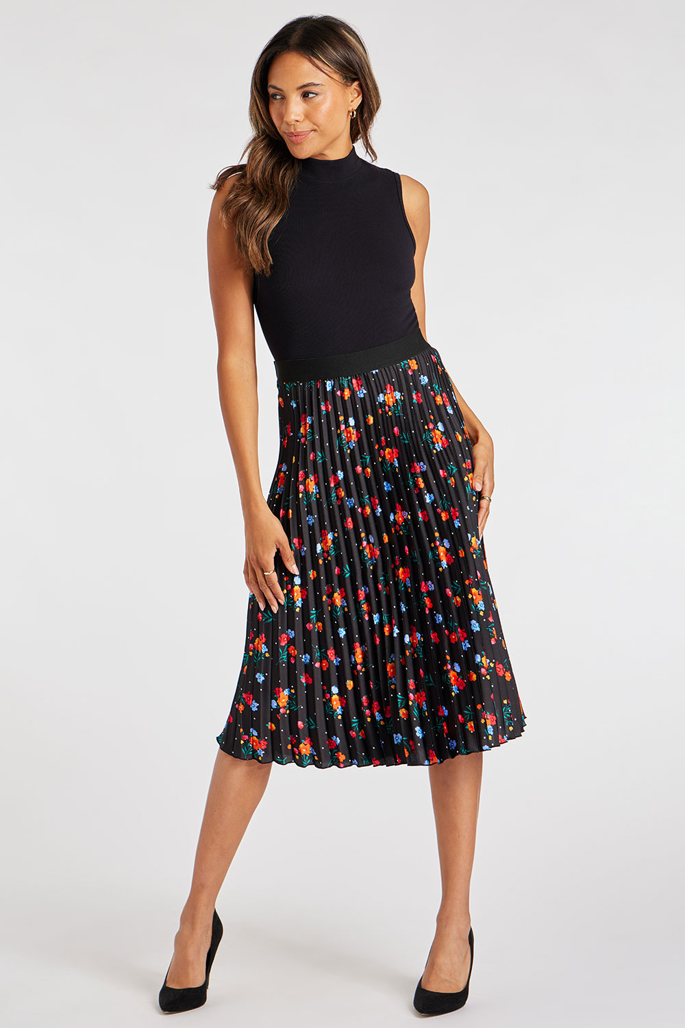 Elasticated Floral Spot Design Pleated Skirt Bonmarché 0506