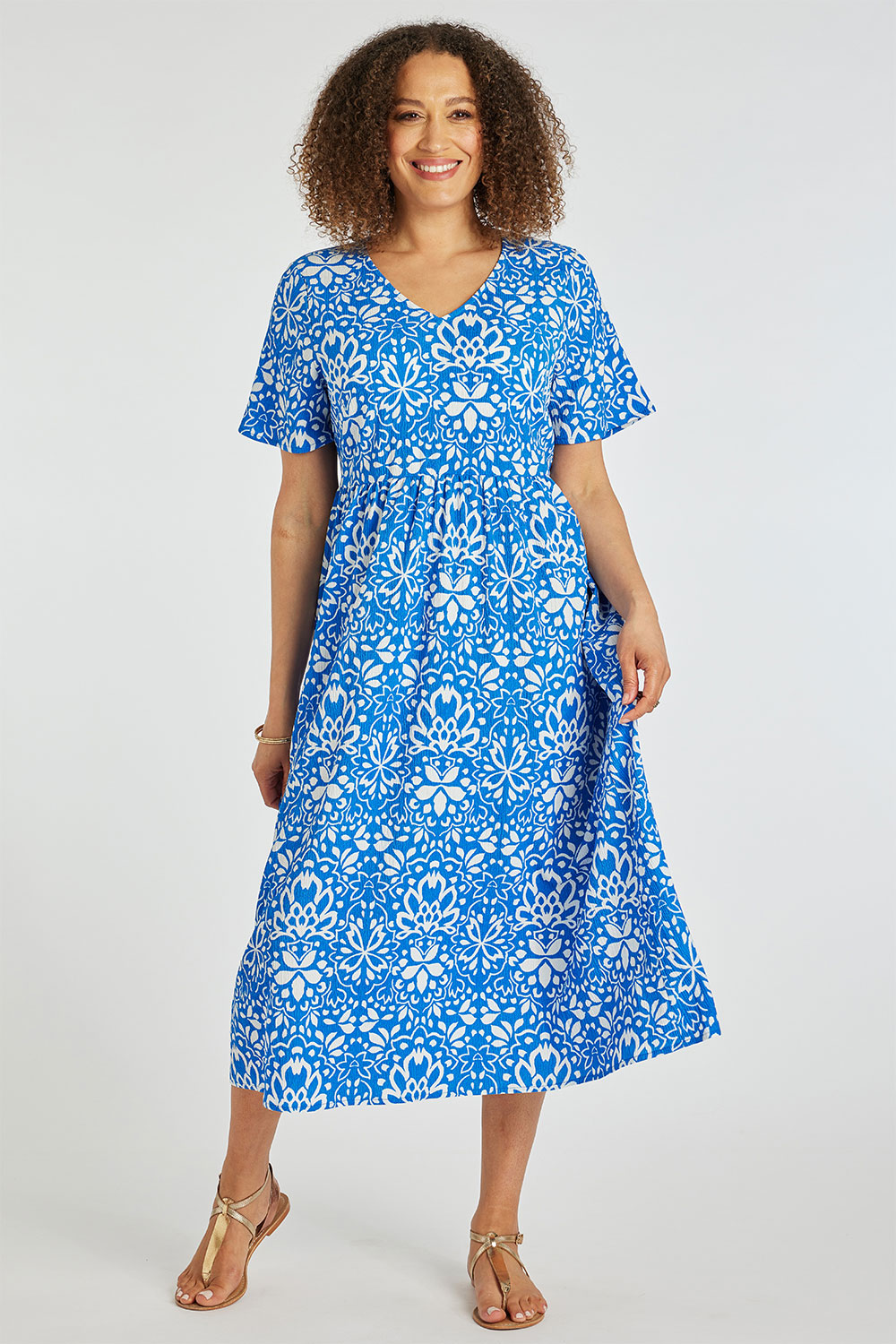 Short Sleeve Tile Print Crinkle Smock Dress | Bonmarché