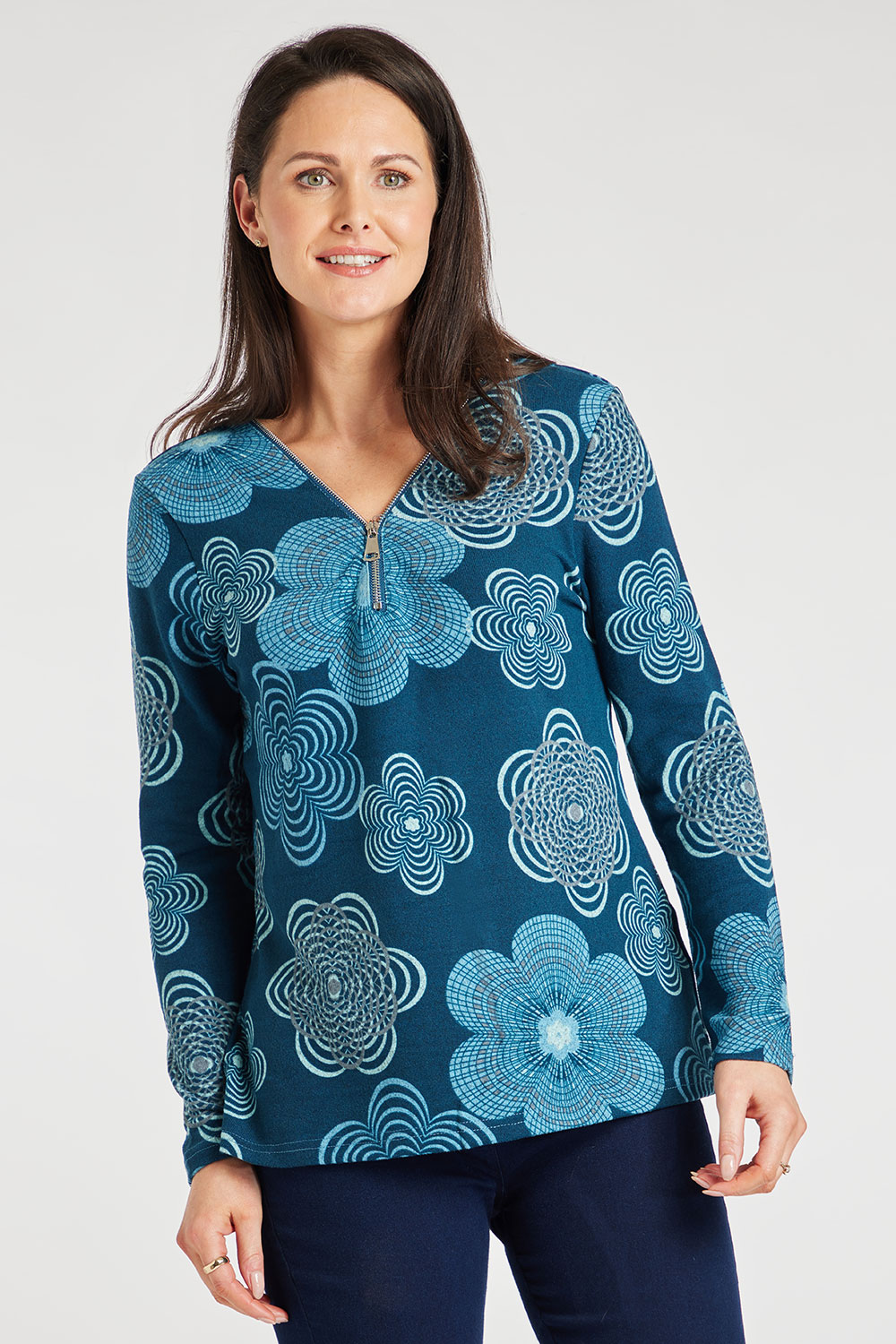 Long Sleeve V-Neck Floral Top with Zip Detail | Bonmarché