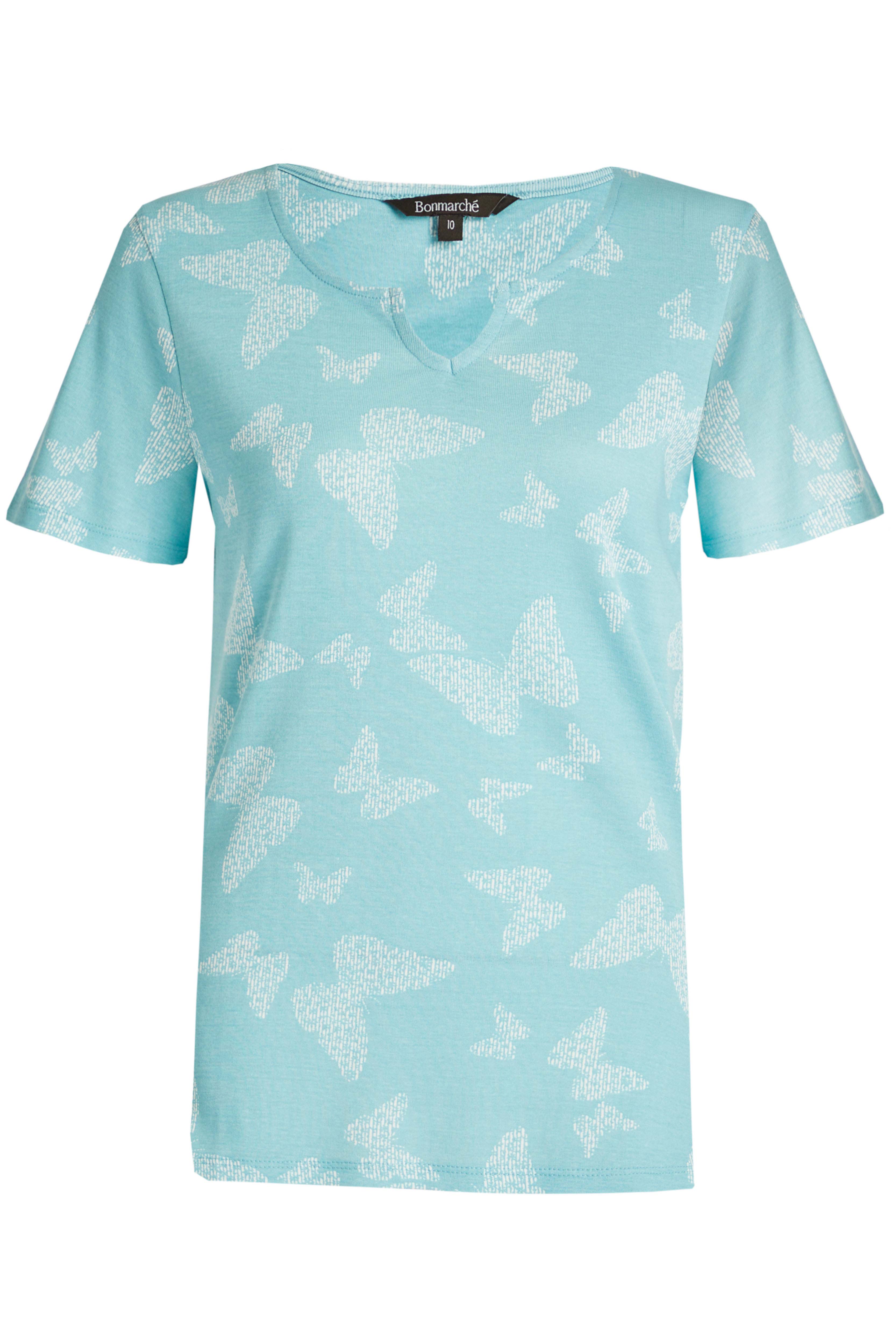 Aqua Notch Neck Ditsy Butterfly Print T-Shirt | Bonmarché