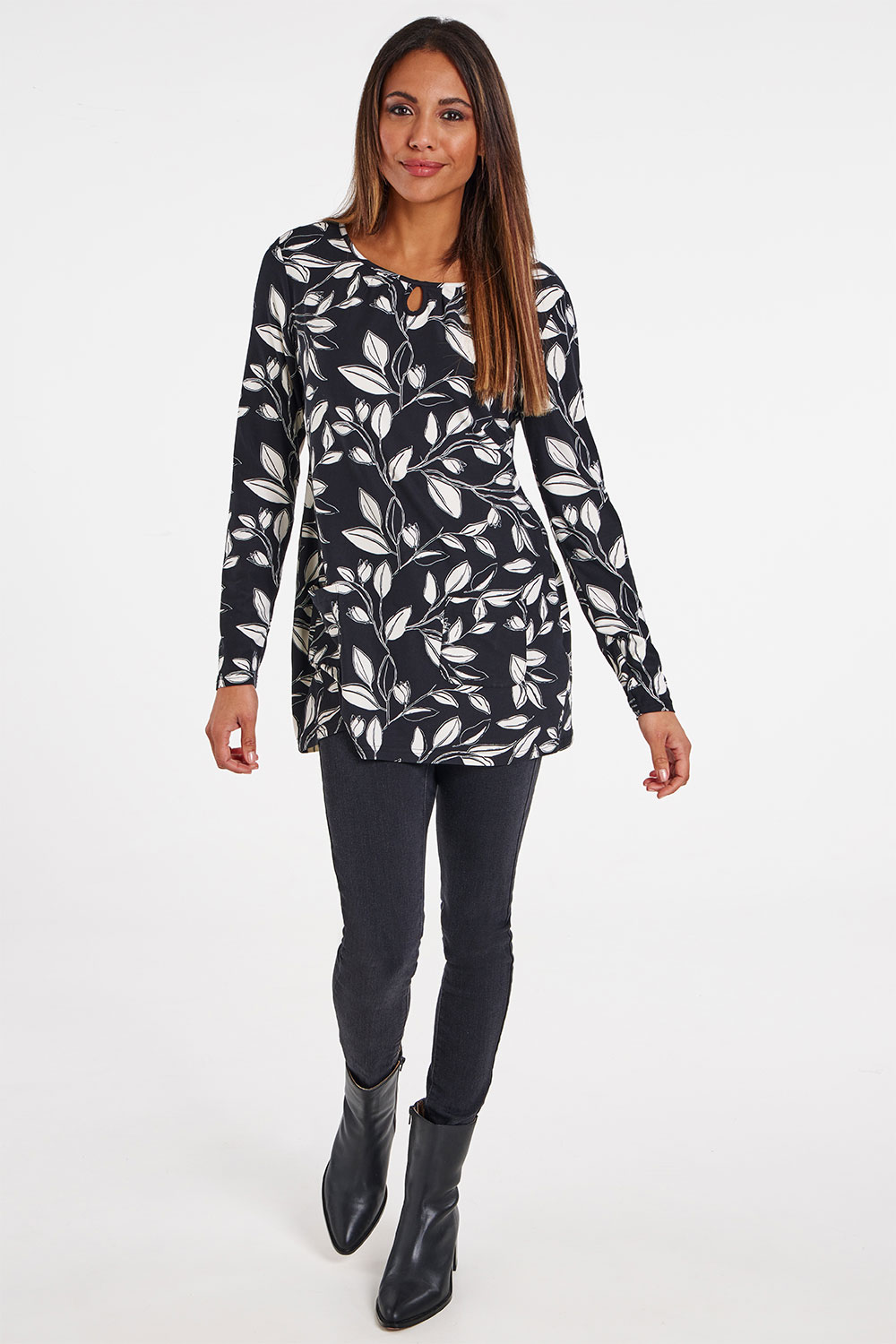 Long Sleeve Leaf Print Tunic with Pockets | Bonmarché