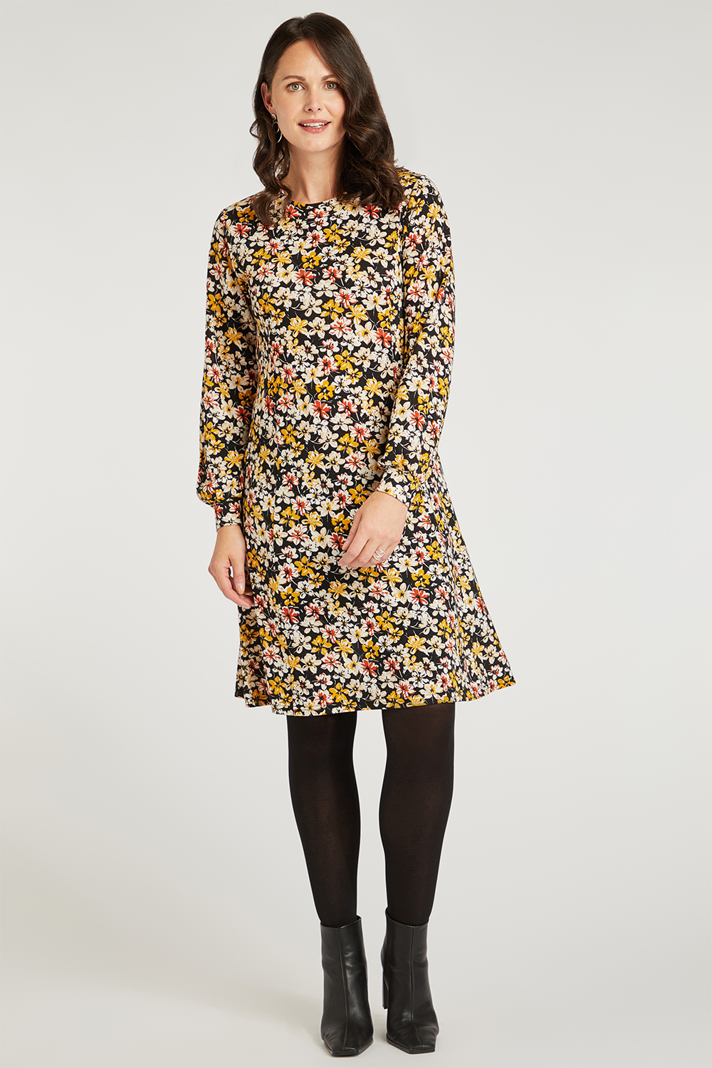 Black Ditsy Print Soft Touch Swing Dress | Bonmarché