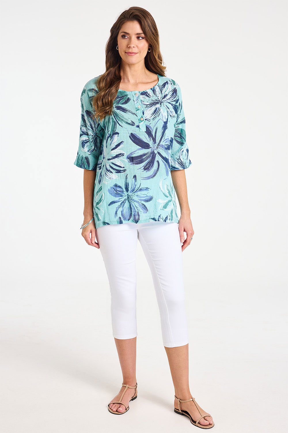 Short Sleeve Floral Button Front Linen Look Top | Bonmarché