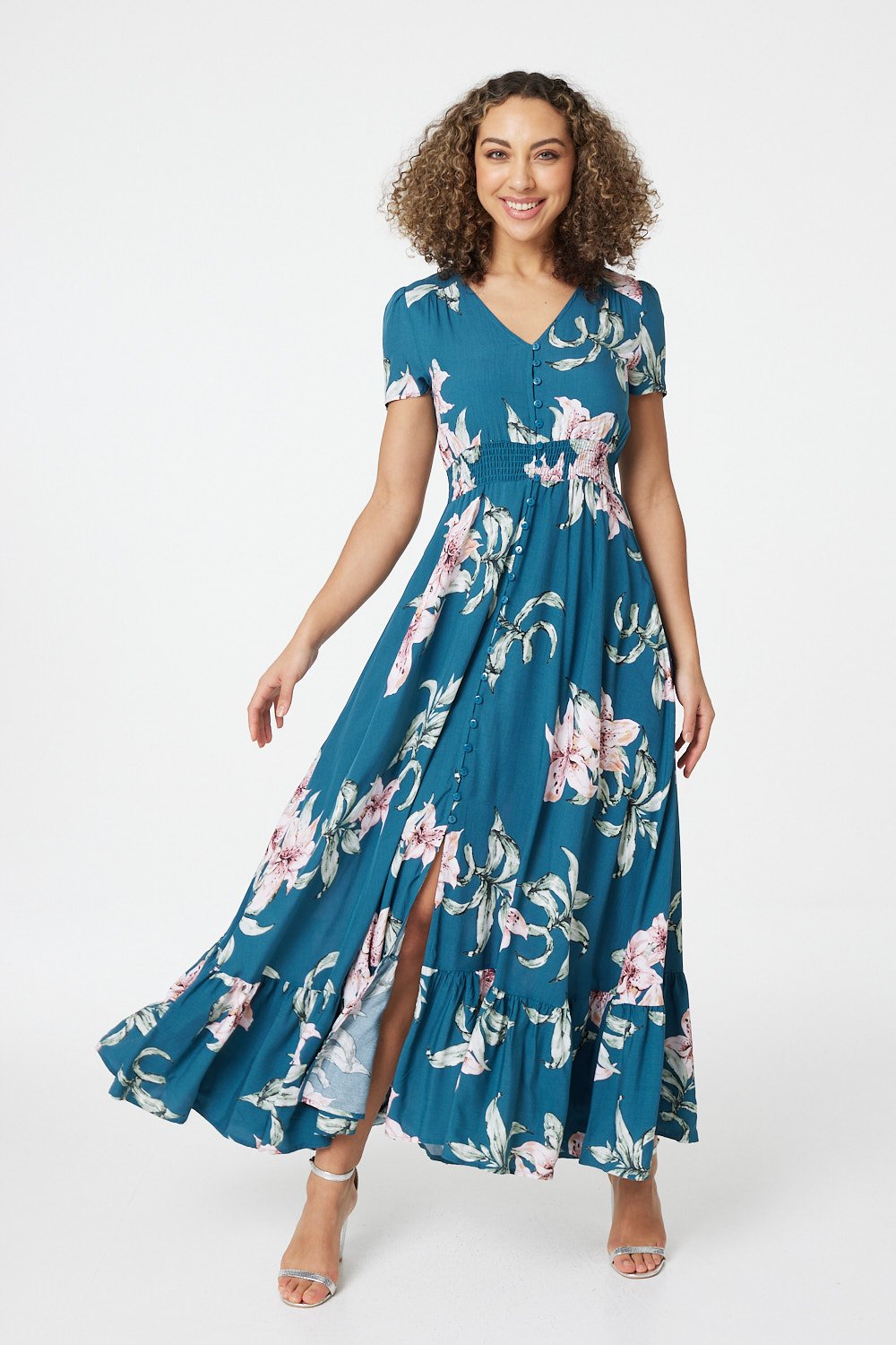 Teal Floral Fit and Flare Maxi Dress | SilkFred