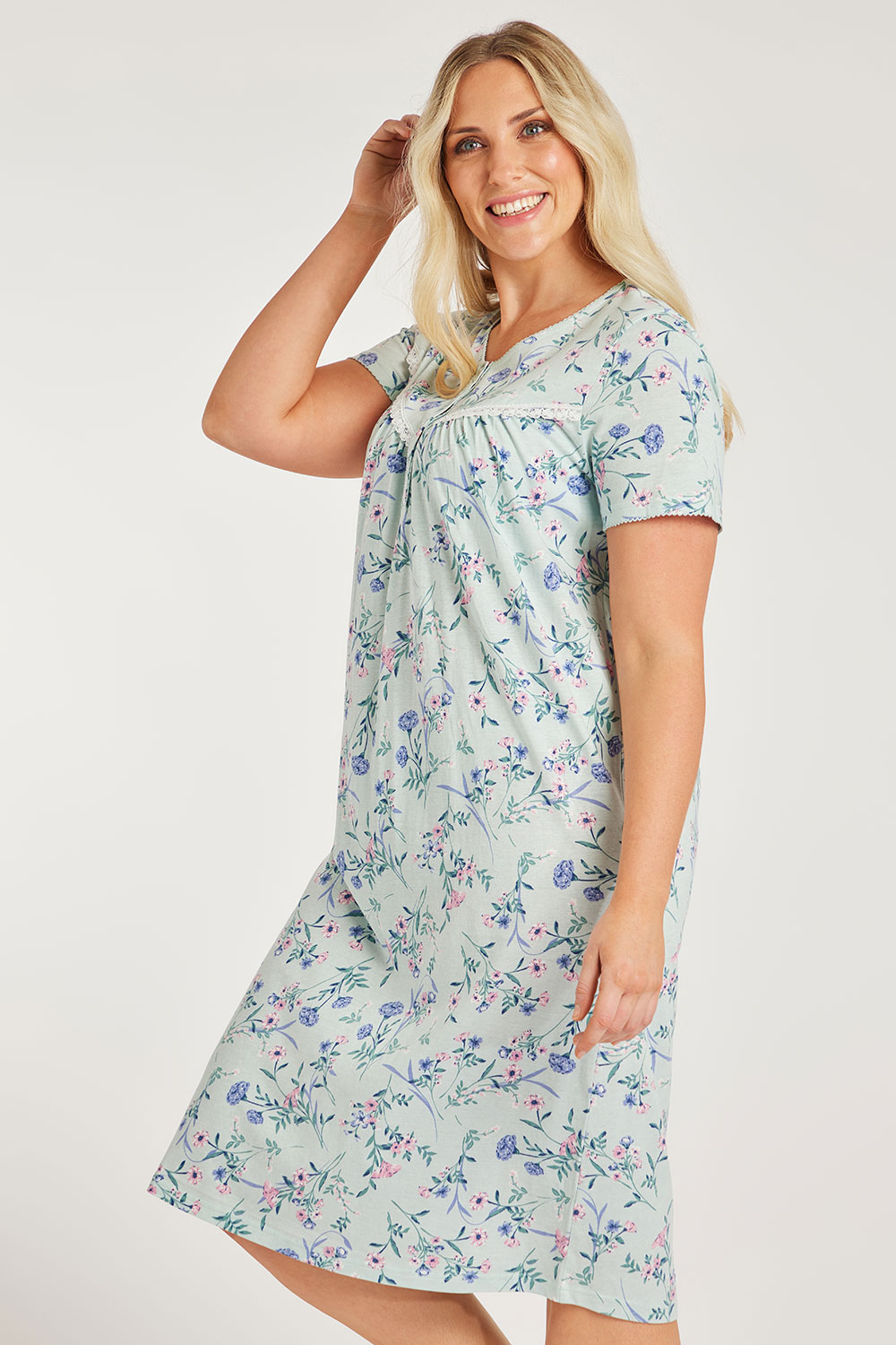 Aqua Floral Button and Lace Detail Nightdress | Bonmarché