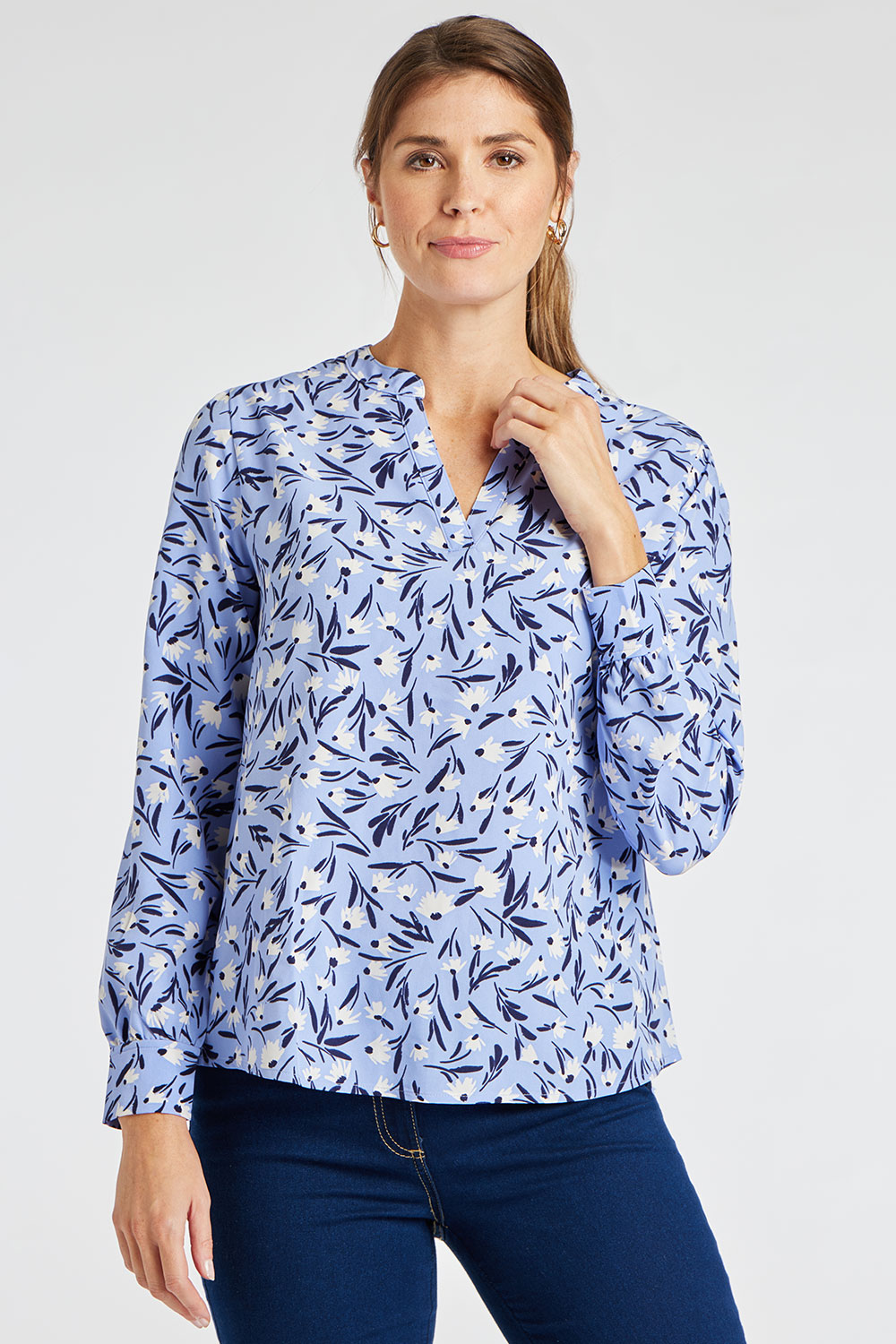 Long Sleeve Sketch Ditsy Print Notch Neck Blouse | Bonmarché