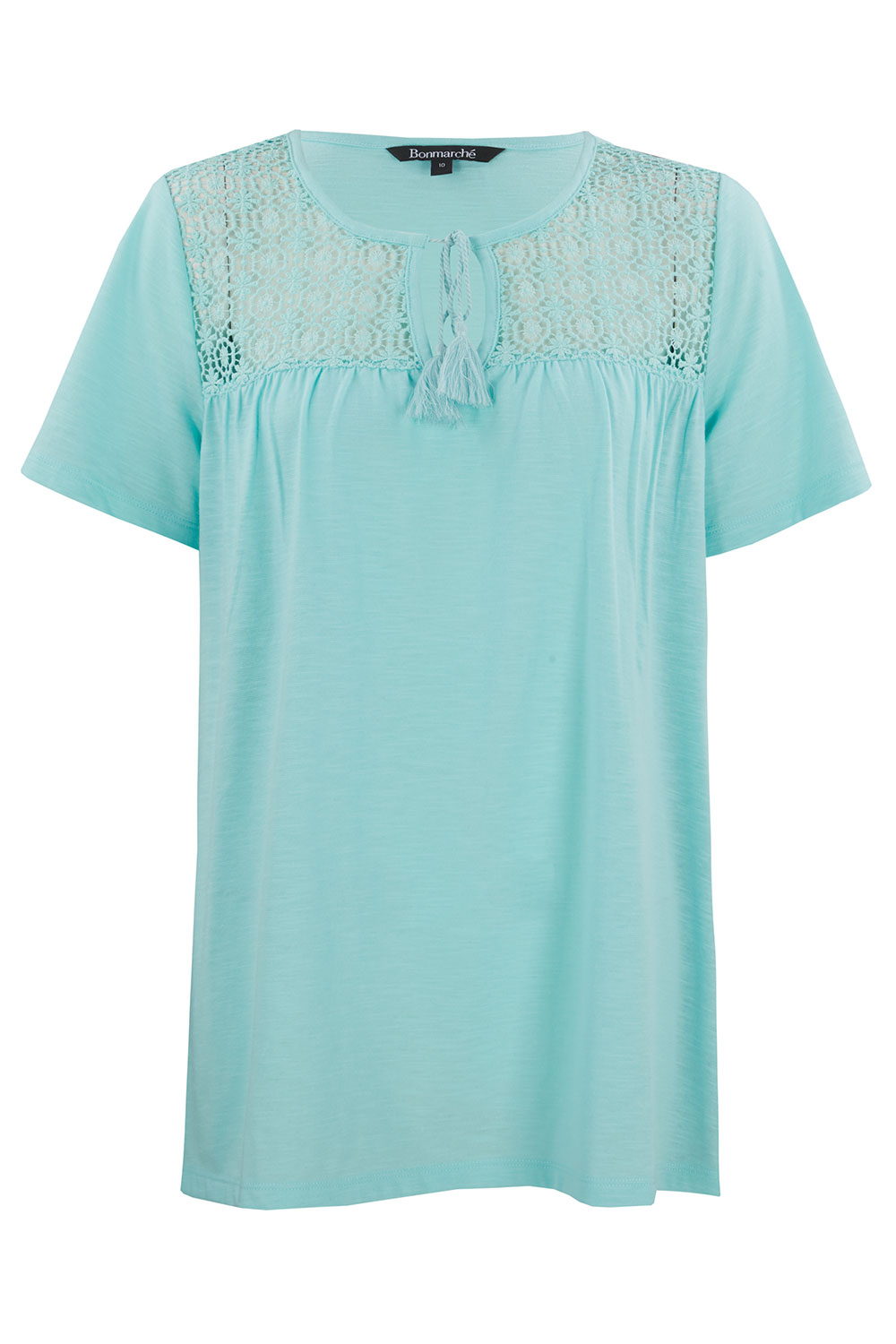 Short Sleeve Tie Neck T-shirt With Lace Detail 