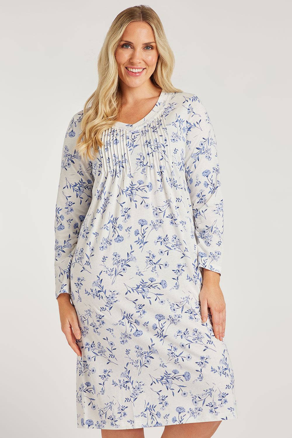 Long Sleeve Blue and White Floral Nightdress | Bonmarché