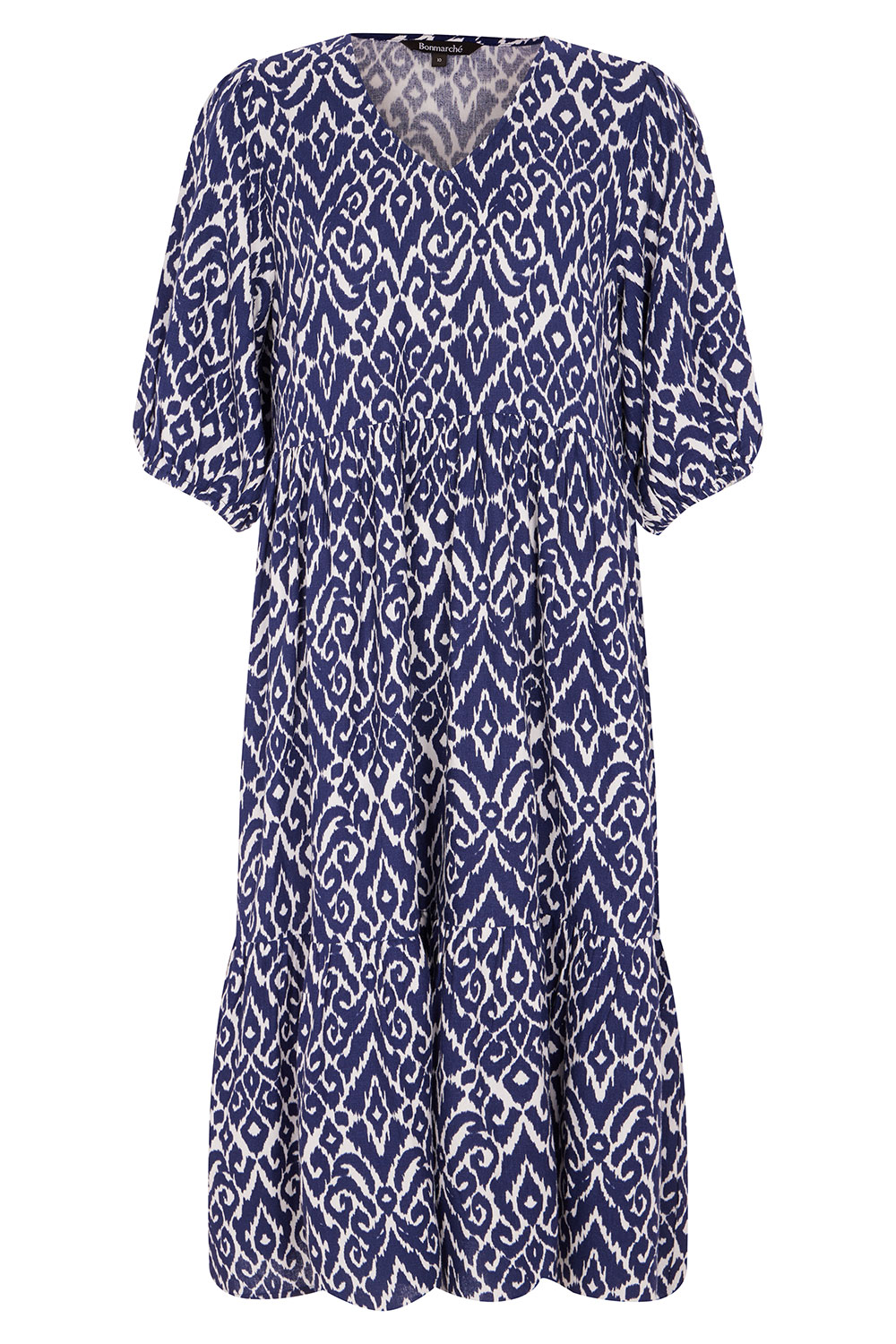 Ikat Print Tiered Linen Dress | Bonmarché