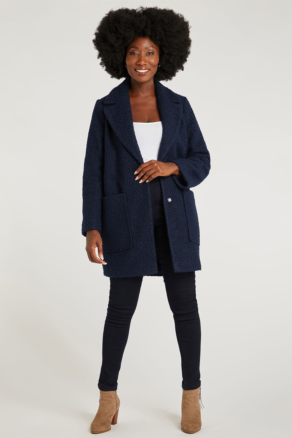 Navy boucle clearance coat